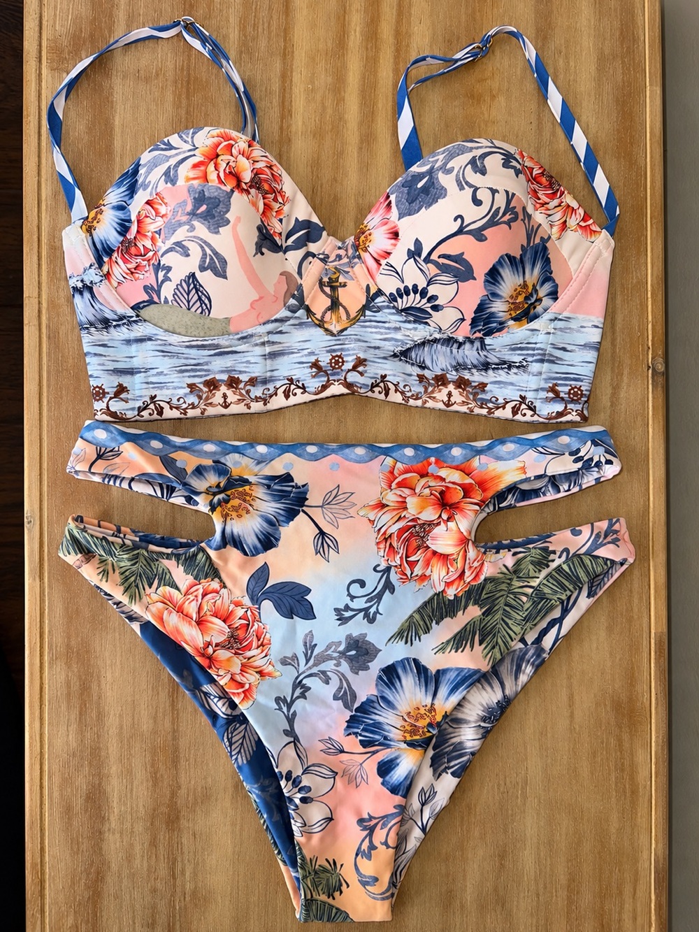 Agua Bendita Peach & Navy Floral Cutout Bikini